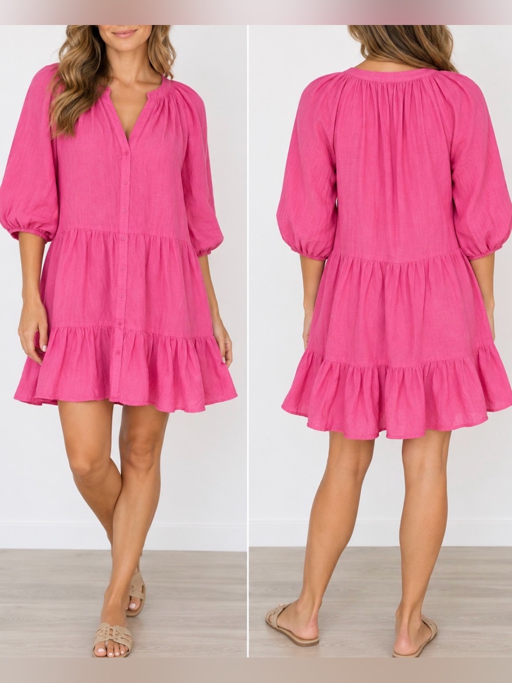A PIECE APART Pink Tiered Mini Dress Size Small Puff Sleeve Button Front Linen